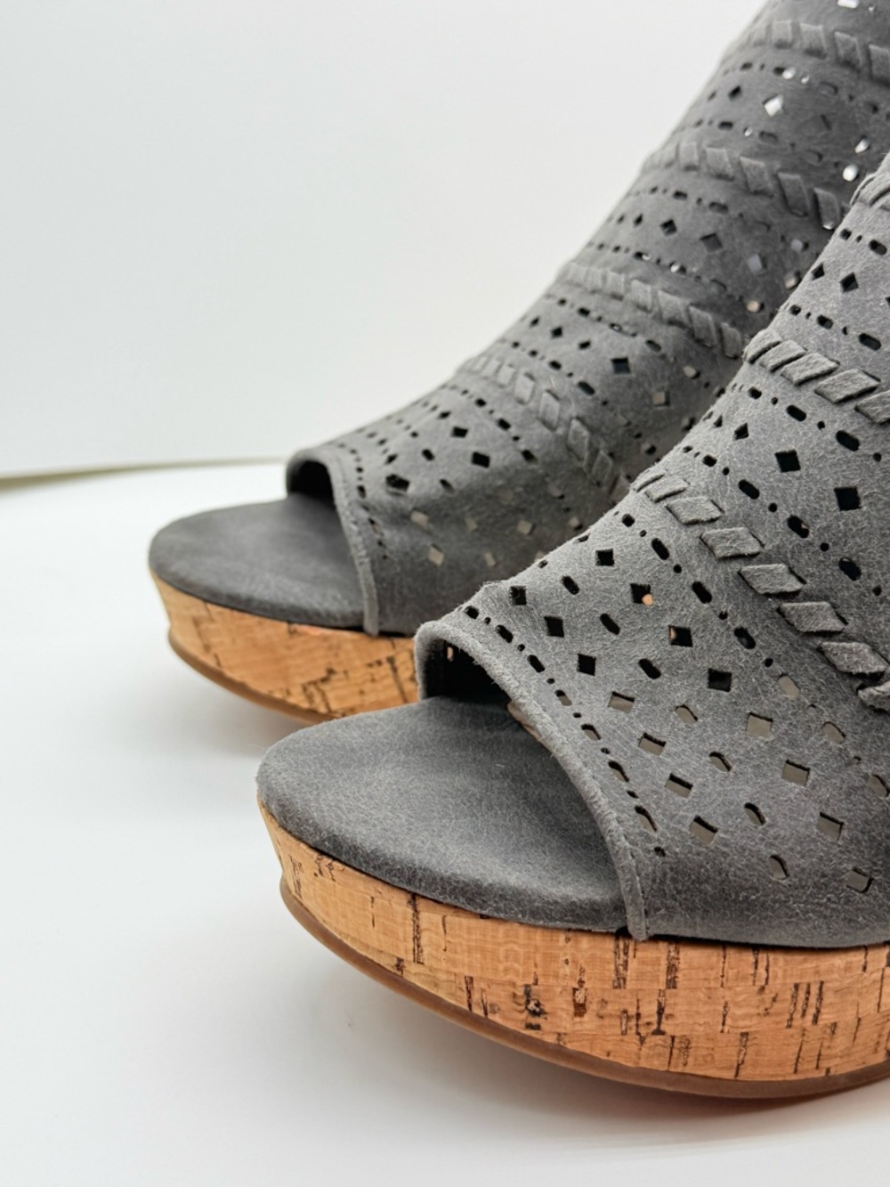 Fergalicious Gray Perforated Suede Cork Wedge Sandals - Picture 5 of 12